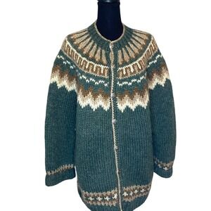 Vtg Fair Isle style Hand knit cardigan Gray, Tan, Brown. XL women